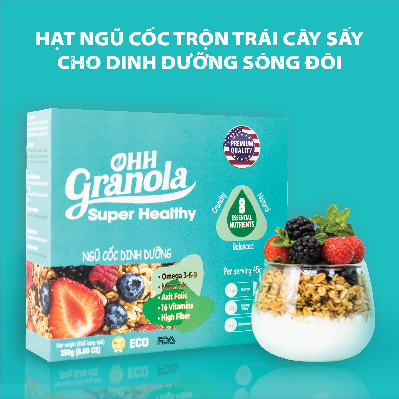 Ăn Liền Không Nấu OHH Granola - Ngũ Cốc Tập Gym  Hoa Quả Sấy Khô + Ngũ Cốc Tăng Cơ Yến mạch, mắc ca, hạt óc chó,danh chế độ Eat Clean Combo 02 x Hộp 250g, Tiêu chuẩn chất lượng FDA Hoa Kỳ