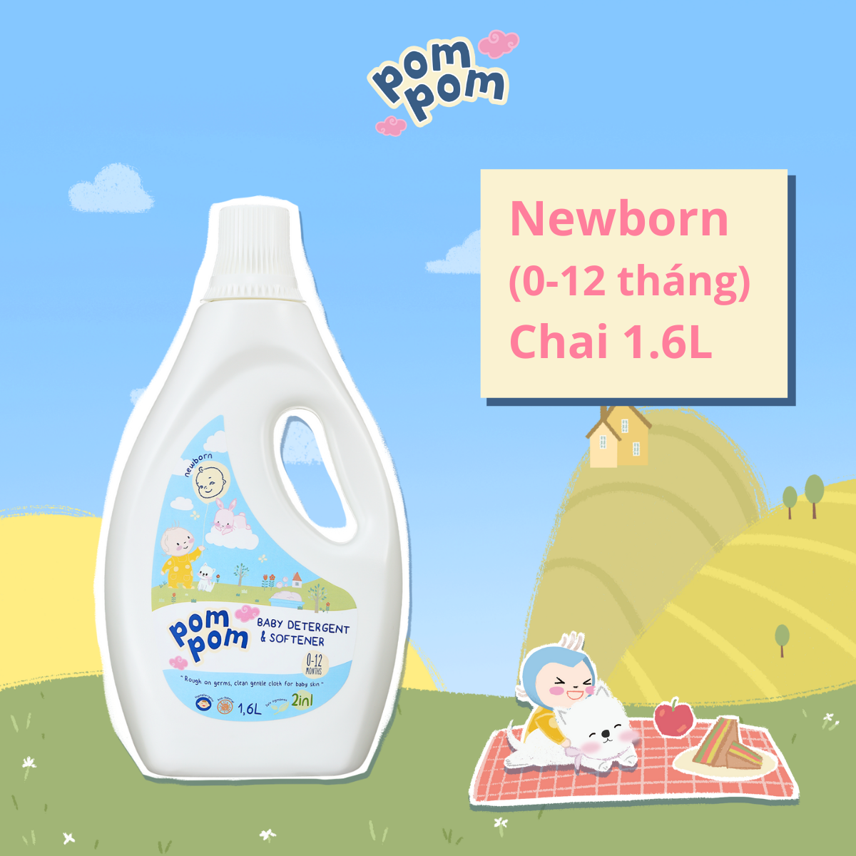 Nước Giặt Xả Pom Pom chuyên biệt dành cho bé sơ sinh (0-12 tháng) - Chai 1,6L