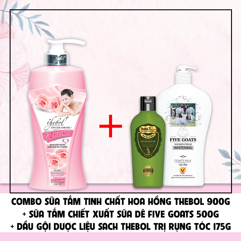 Combo sữa tắm hoa hồng Thebol 900g + Sữa tắm sữa dê Five Goats 500g + Dầu gội dược liệu sạch Thebol giảm gãy rụng 175g