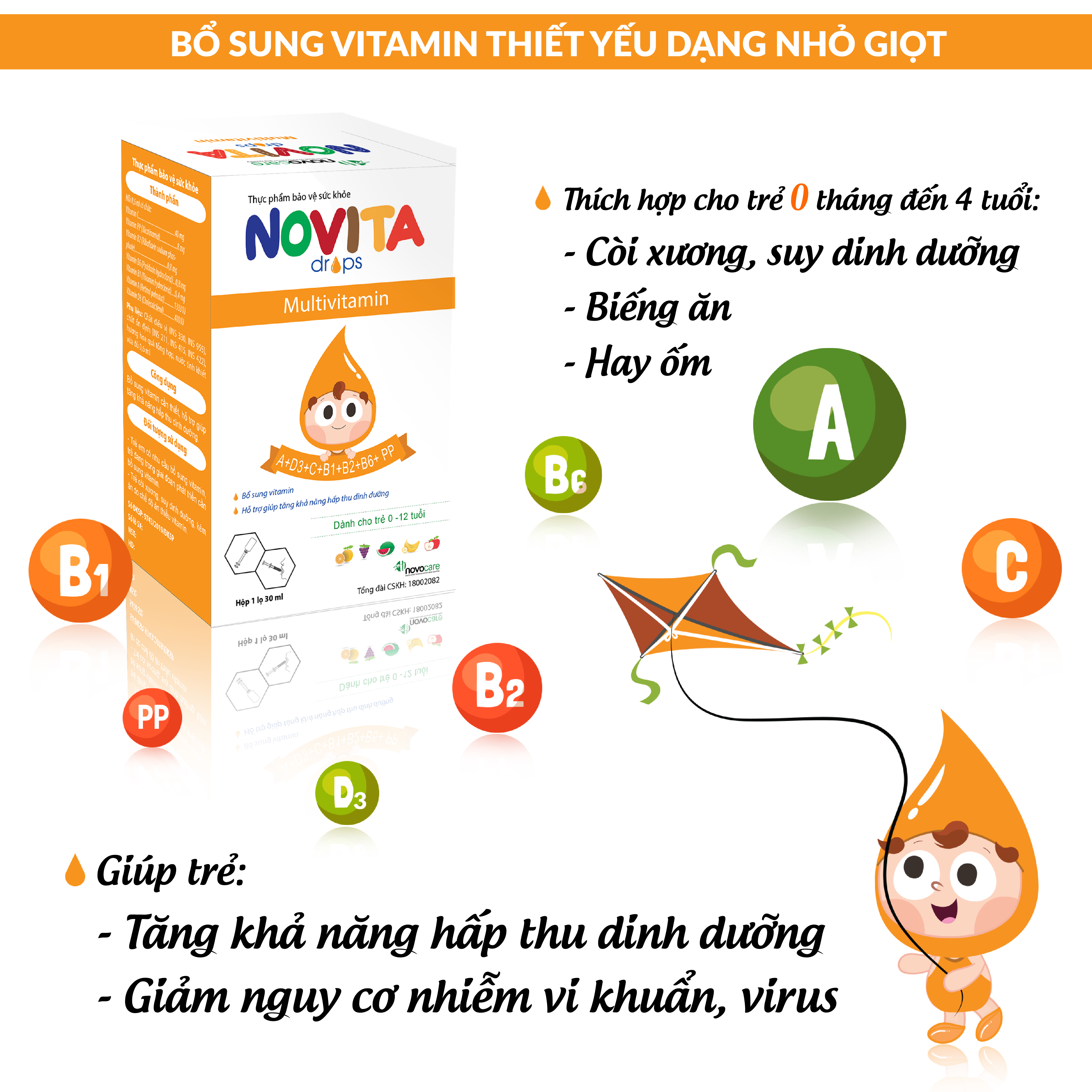 VITAMIN THIẾT YẾU cho trẻ từ 0 tháng tuổi - NOVITA DROPS- Dạng NHỎ GIỌT hàm lượng cao, phù hợp cho trẻ biếng ăn, chậm lớn, còi xương, suy dinh dưỡng, hay ốm vặt