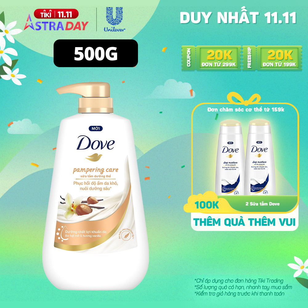 Sữa tắm dưỡng thể Dove Pampering Care phục hồi độ ẩm da khô với bơ hạt mỡ và hương hoa vanilla 500g