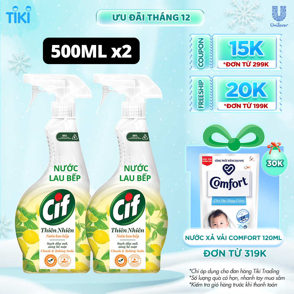 Combo Nước Xịt Vệ Sinh Cif Thiên Nhiên Lau Bếp Hương Chanh &amp; Baking Soda Sạch Dầu Mỡ An Toàn 500ml x 2