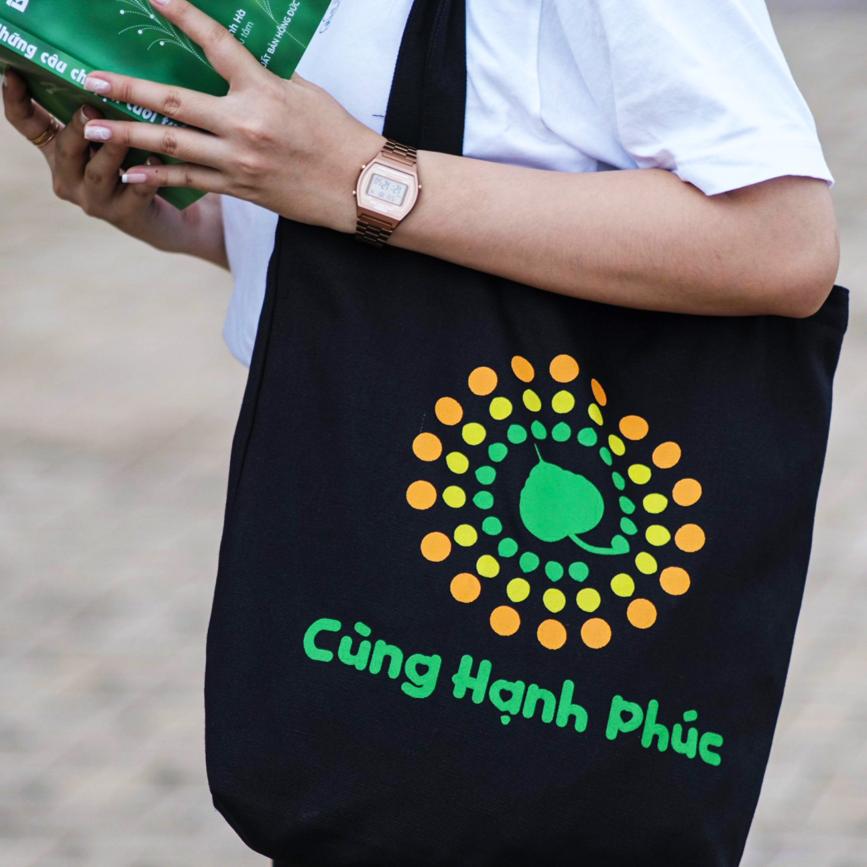 Túi tote vải canvas Cùng Hạnh Phúc cỡ lớn có khoá