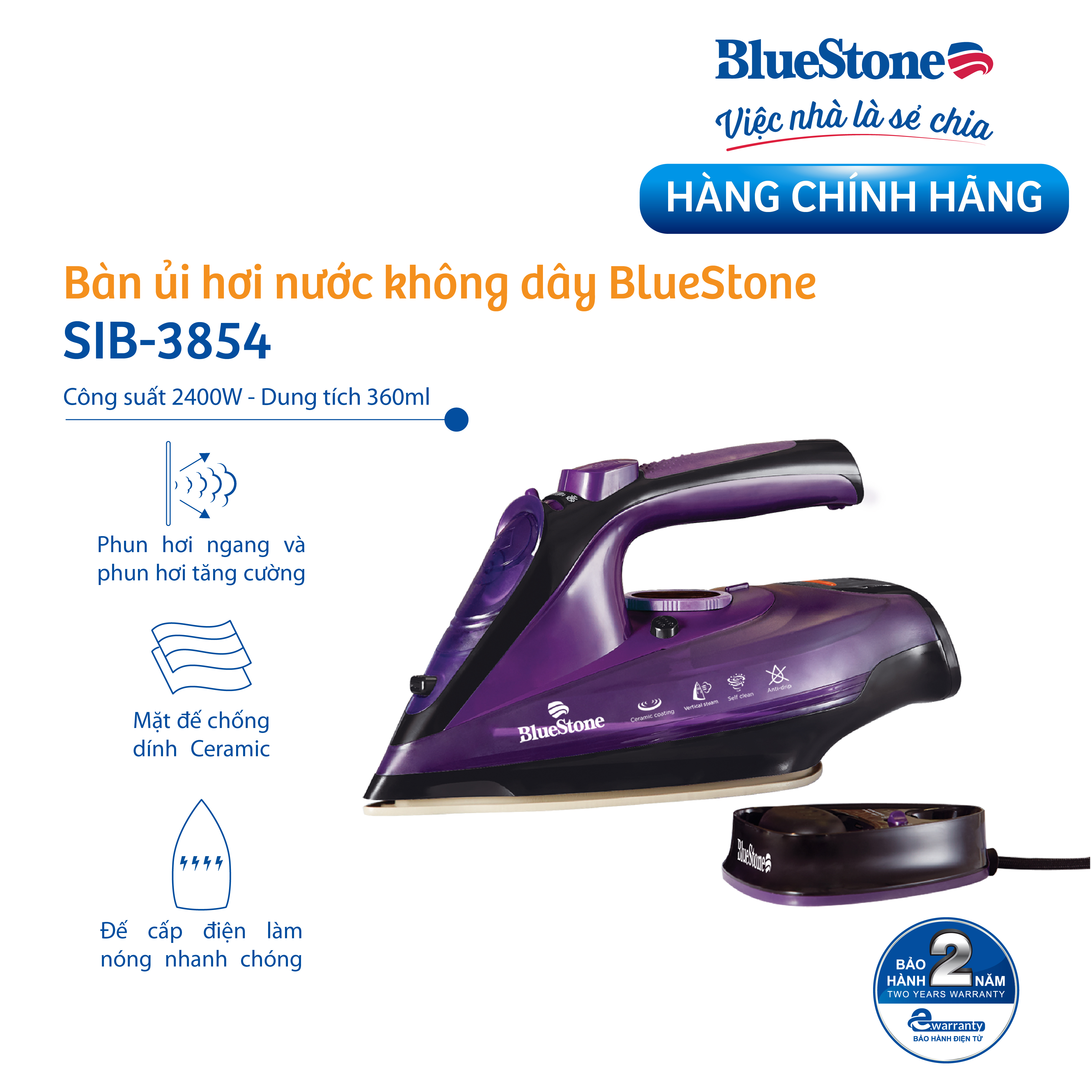 Bàn Ủi Hơi Nước không dây Bluestone SIB-3854 (2400W) - Hàng chính hãng