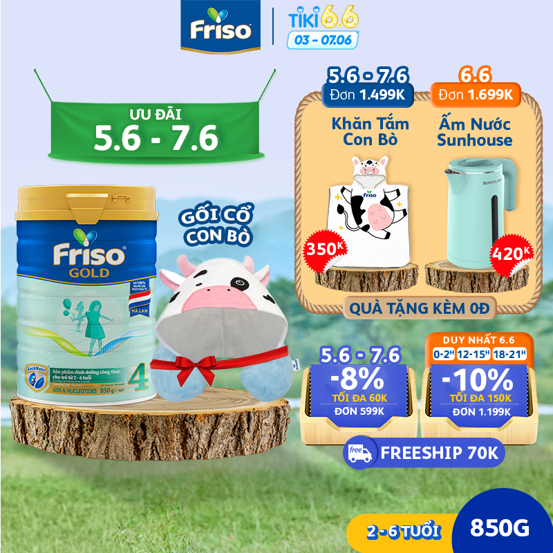 Sữa Friso Gold 4 Lon 850g  - Tặng 1 gối cổ con bò