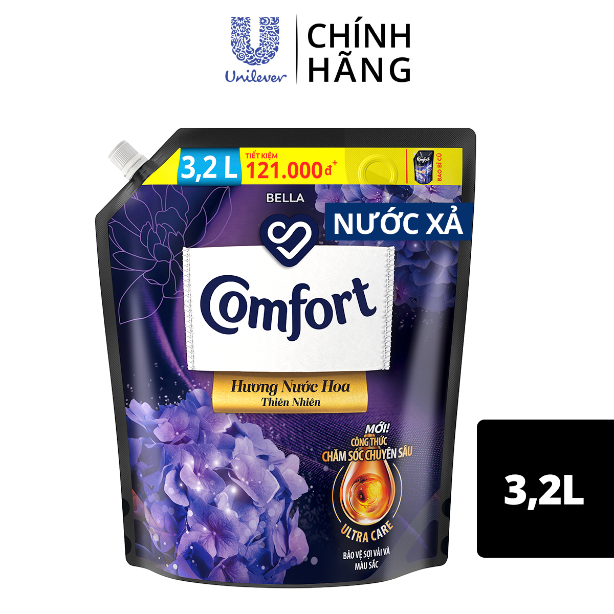 Nước Xả Làm Mềm Vải Comfort Chăm Sóc Chuyên Sâu Giữ Màu &amp; Bền Vải Hương Bella Đậm Đặc Một Lần Xả 3.2L