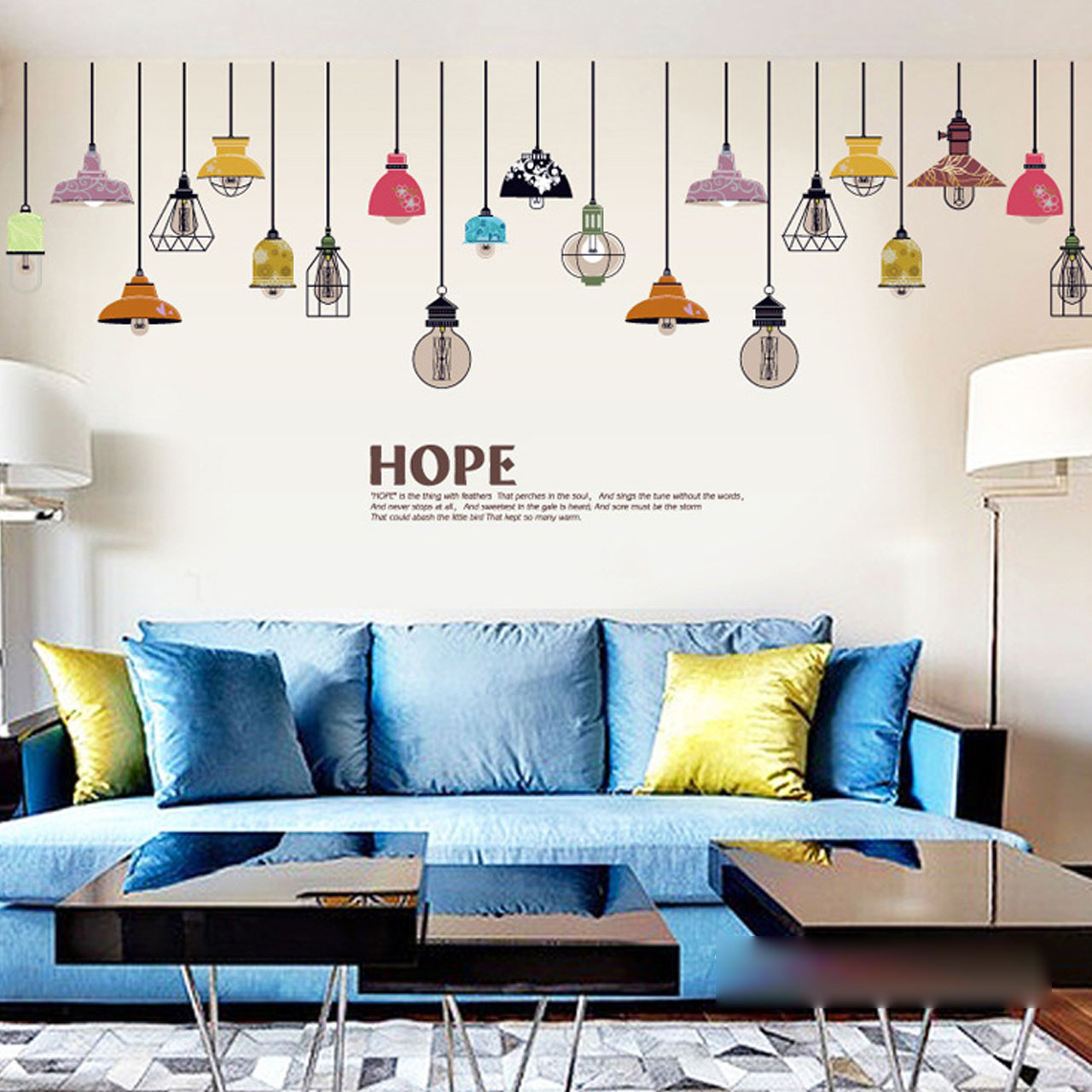 Decal dán tường trang trí quán cafe, phòng khách- Dây đèn treo chữ hope- mã sp SK9144