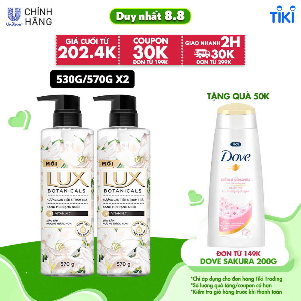 COMBO SỮA TẮM NƯỚC HOA THƠM LUX BOTANICALS HƯƠNG NƯỚC HOA LAN TIÊN & TRÀM TRÀ 570GX2