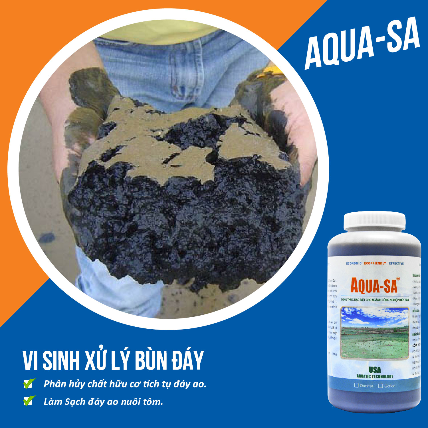 AQUA-SA - Vi sinh xử lý bùn đáy ao nuôi trồng thủy sản - Chai 1 quarter (≈ 1 lít)