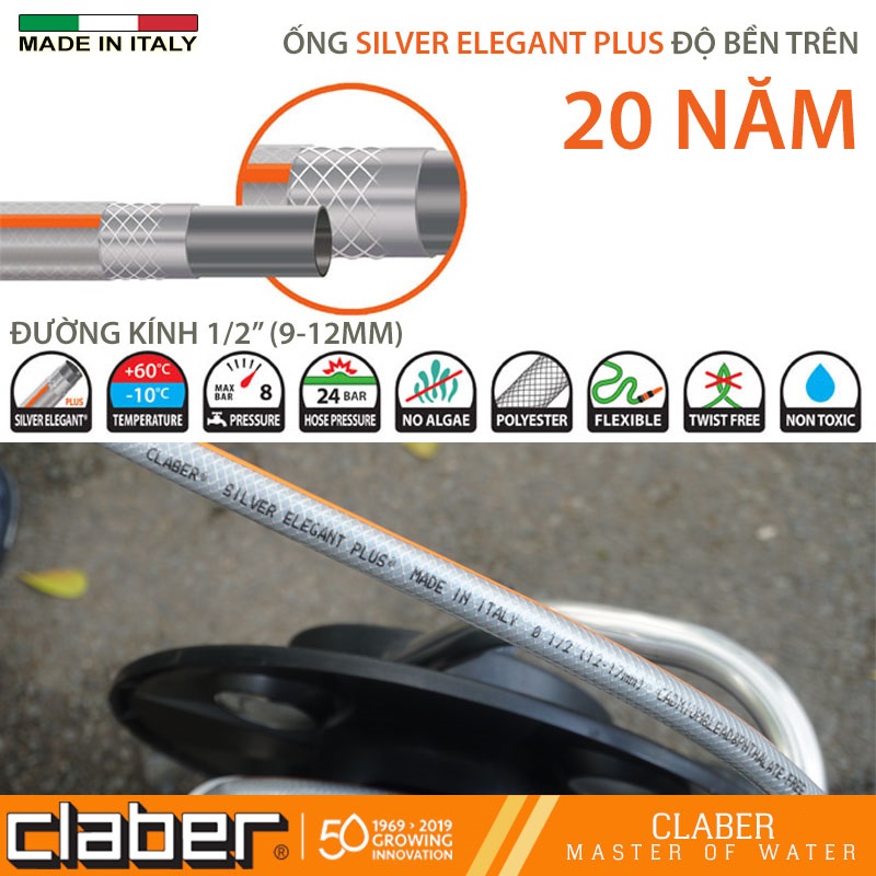 Bộ Cuộn Ống Tưới Cây Claber Kiros Kit 8945 loại 20 mét, vòi tưới 2 chế độ, 4 khớp nối nhanh, 1 khớp nối vòi