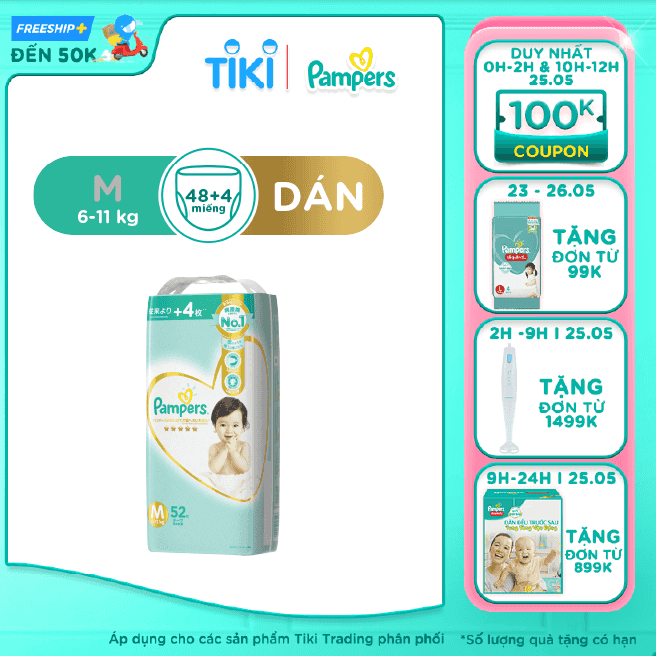 Tã/ Bỉm Dán PAMPERS Nội Địa Nhật Bản, Size M (52 miếng, 6-11kg), Cao Cấp Thượng Hạng