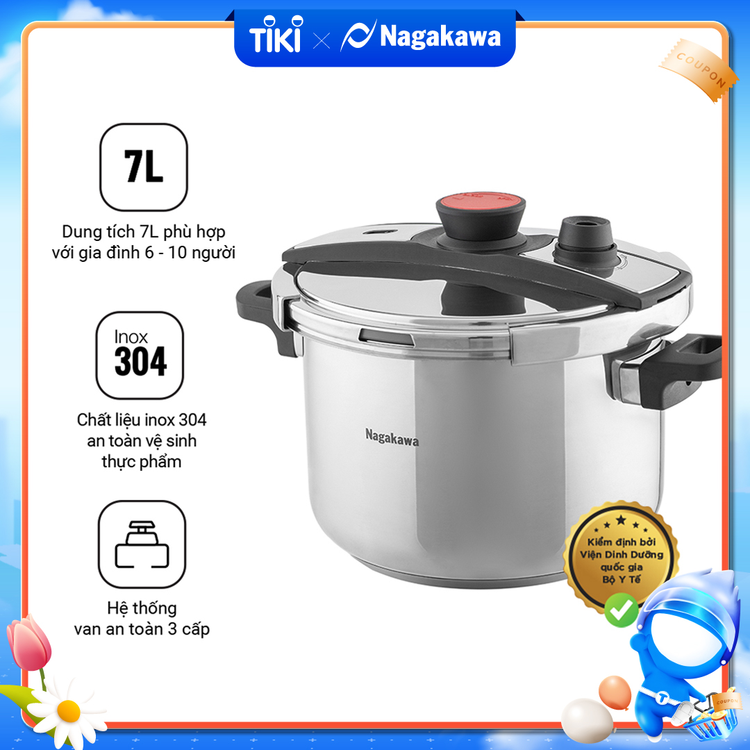 Nồi Áp Suất Đáy Từ Đa Lớp Nagakawa NAG1473 (7L) - Lòng Nồi Inox 304, Van Kép 3 Cấp An Toàn