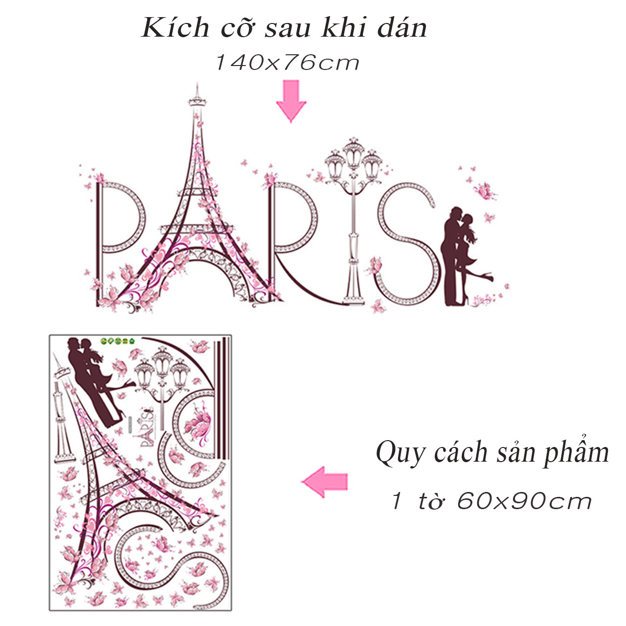 Decal dán tường trang trí phòng khách, phòng cưới- Tháp paris tình yêu-mã sp SK9007