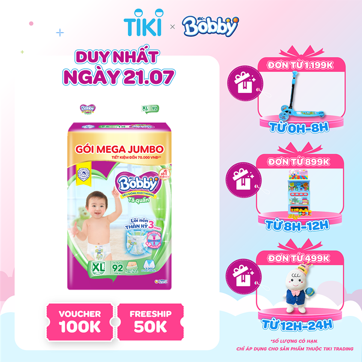 Tã/bỉm quần Bobby Mega Jumbo XL92 - Lõi nén thần kì 3mm - Siêu mỏng khô thoáng bất ngờ