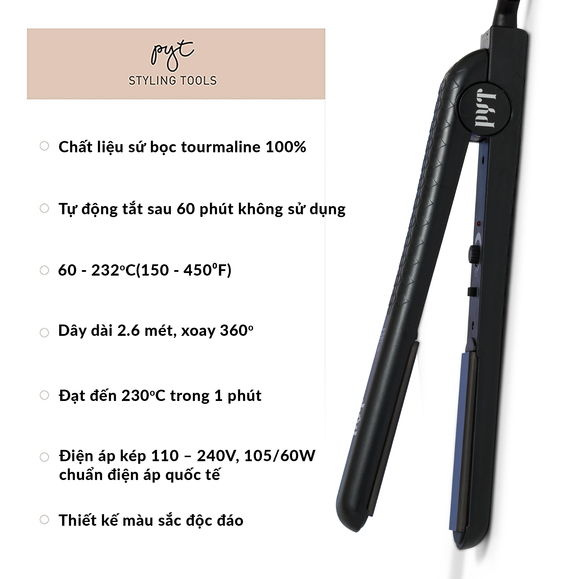 Máy Duỗi Tóc Lõi Sứ PYT Ceramic Styling Tool (2 trong 1) - Màu Đen - Máy Duỗi Tóc Đa Năng Có Thể Duỗi Uốn Lọn Hoặc Uốn Cúp