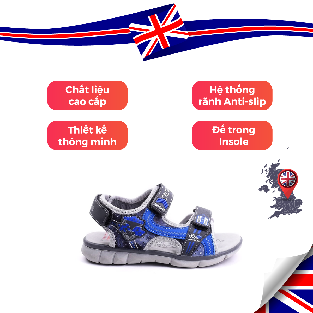 Dép Quai Hậu Cho Bé Trai Đi Học  Thời Trang Cao Cấp Crown Space UK Active Sandals CRUK529 Da Nhẹ Êm Thoáng Khí Thấm Hút Mồ Hôi Cho Trẻ  Size từ 26-35/2-14 Tuổi