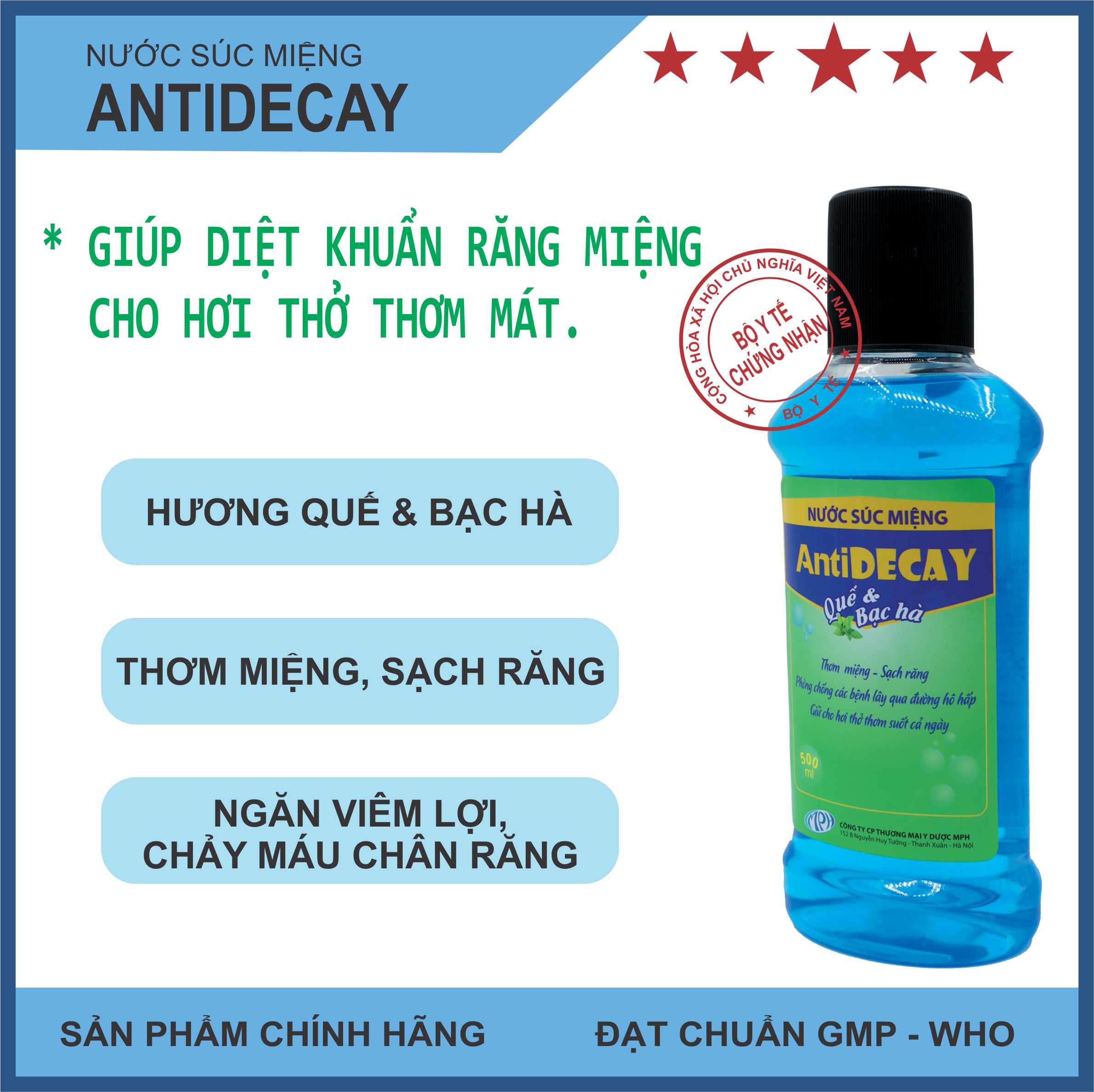 Nước súc miệng Antidecay - Diệt khuẩn răng miệng, vòm họng, ngăn ngừa sâu răng, làm sạch miệng, giảm nhiệt miệng, viêm nướu, chảy máu chân răng cho hơi thở thơm tho suốt cả ngày - Lọ 500ml. SP Chính hãng, được Sở Y Tế chứng nhận.