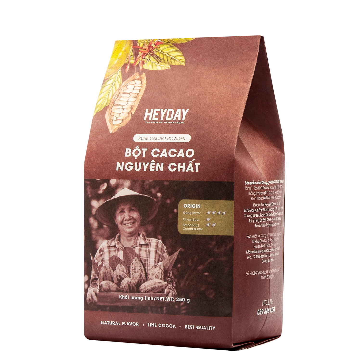 Heyday Bột Cacao Nguyên Chất Không Đường Việt Nam - Dòng Origin - Chứng Nhận UTZ - Hỗ Trợ Giảm Cân - Túi Giấy 250g