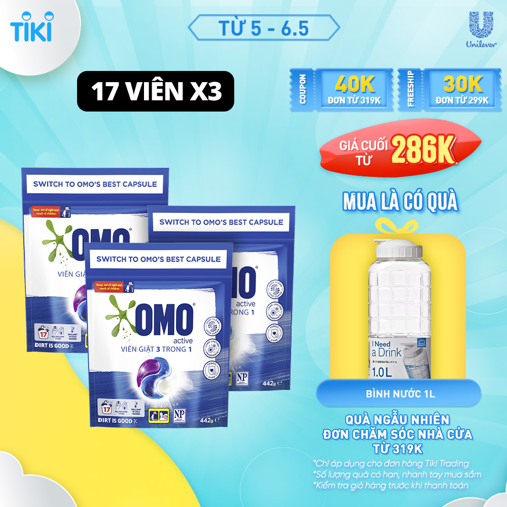 Combo 3 Túi Viên Giặt Quần Áo Omo Cho Máy Giặt Cửa Trước Và Cửa Trên Công Nghệ Anh Quốc 17 Viên