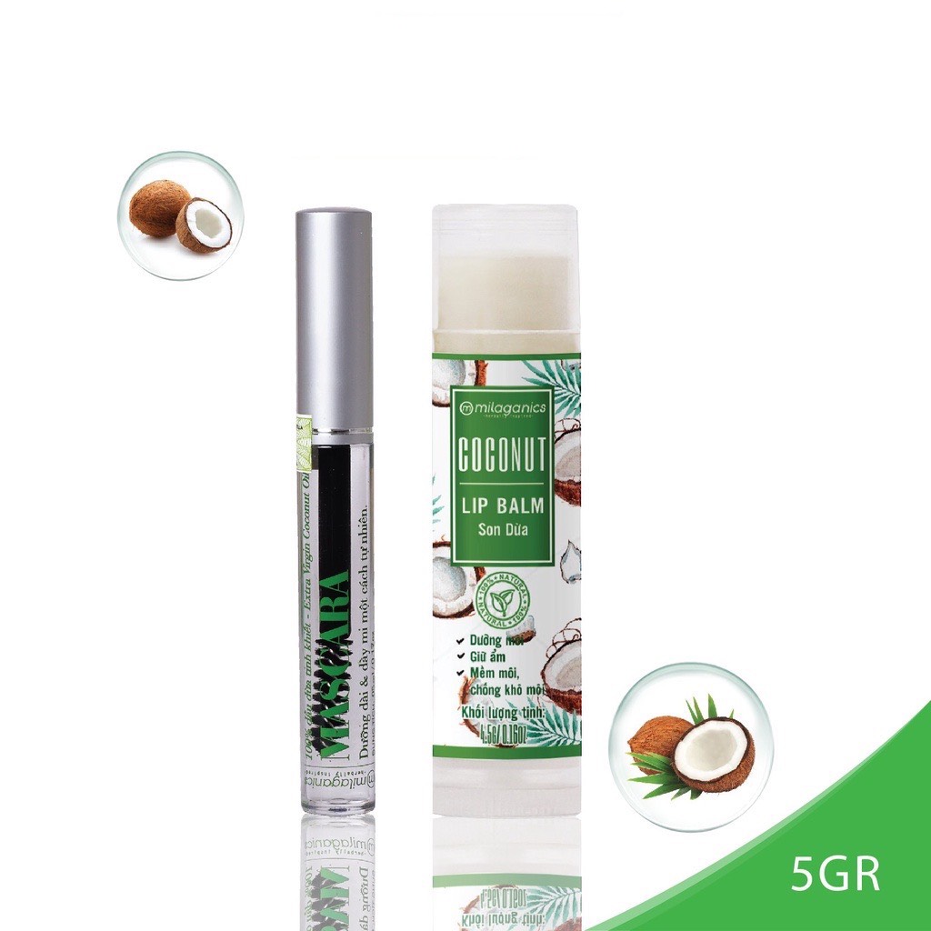 Combo Son Dưỡng Môi Dừa Milaganics (4.5g) + Mascara Dầu Dừa Dưỡng Mi Milaganics