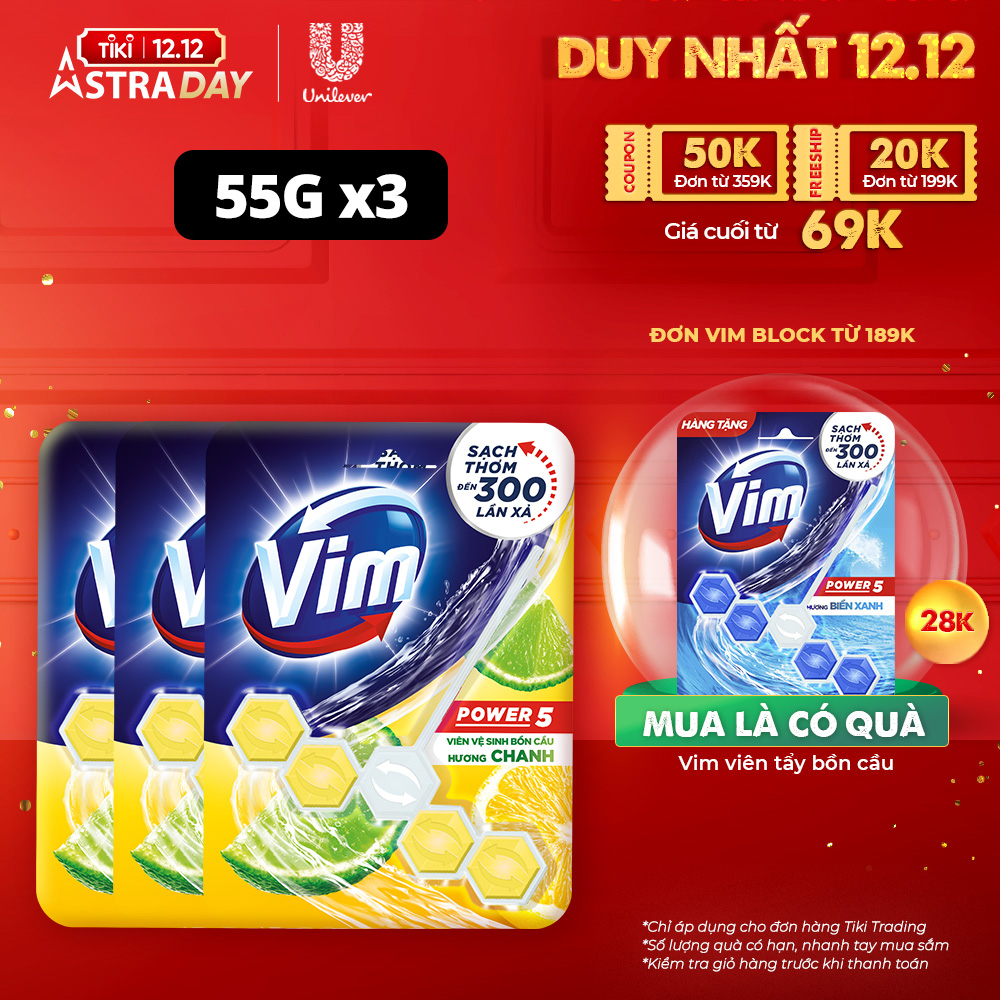 Combo Viên tẩy bồn cầu 55G x 3 VIM Power 5 hương Chanh Sạch Khuẩn Thơm Mát suốt 30 ngày