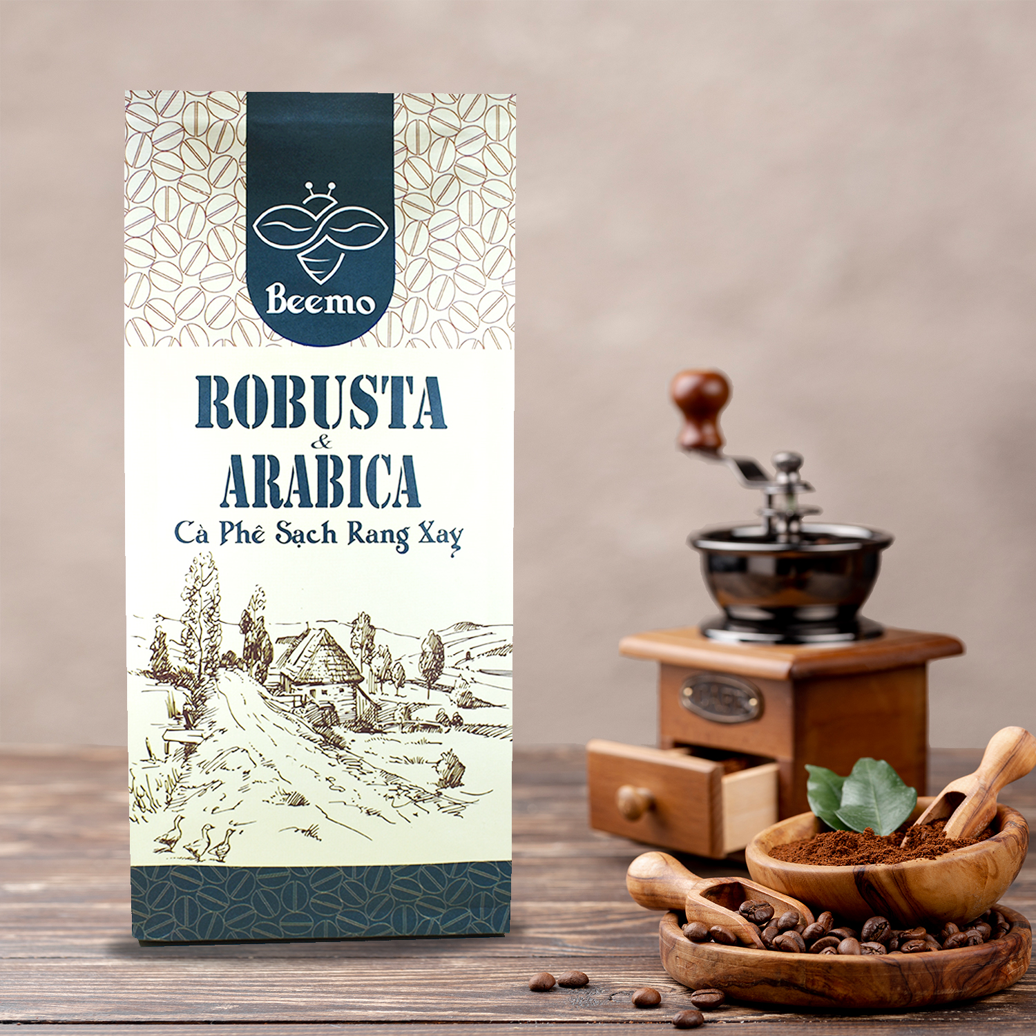 Cà phê nguyên chất Robusta phối Arabica, cafe mộc rang xay Beemo 500g - Đắng vừa, chua nhẹ, thơm nồng nàn