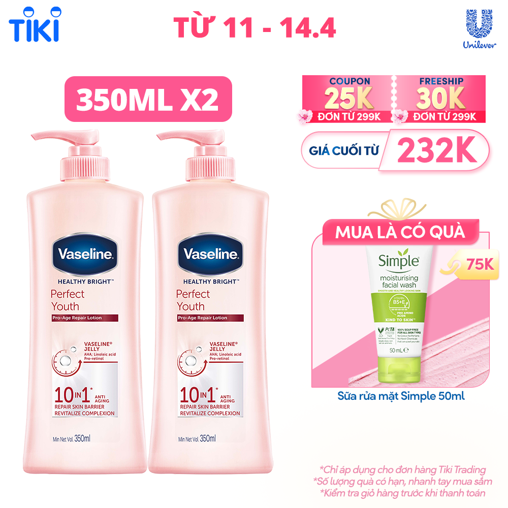 Combo 2 Sữa dưỡng thể với thành phần ngừa lão hóa dưỡng sáng VASELINE Healthy Bright Perfect Youth 350ML/chai