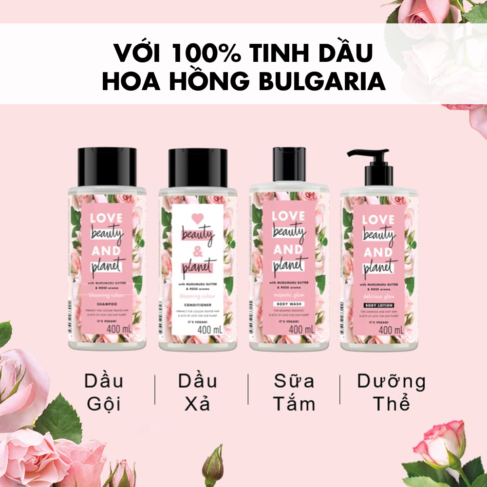 Bộ sản phẩm nuôi dưỡng tóc óng mượt và da khỏe sáng mịn Love Beauty and Planet với 100% tinh dầu hoa hồng Bulgaria 400ml