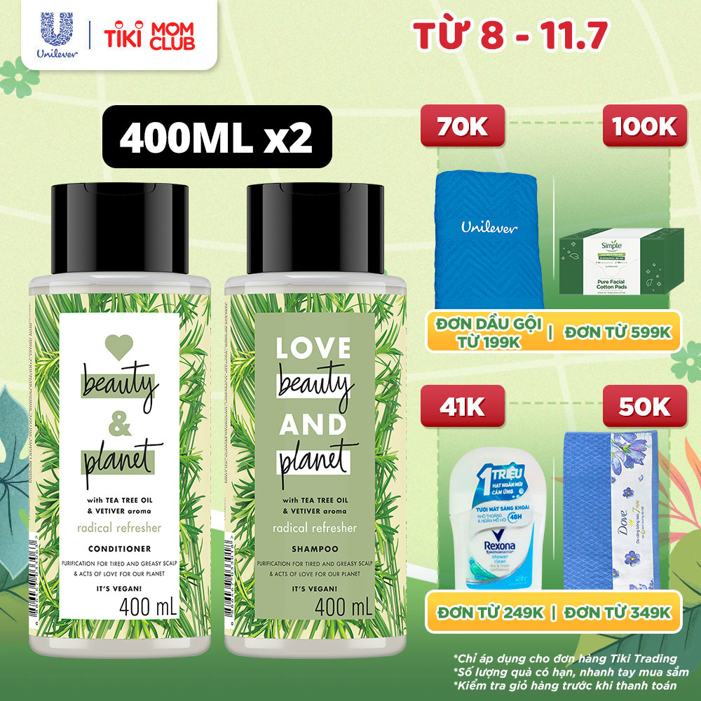 Combo Dầu Gội &amp; Dầu Xả Love Beauty &amp; Planet Sạch Sâu Radical Refresher 100% Tinh Dầu Tràm Trà Úc Hương Cỏ Vetiver 400ML