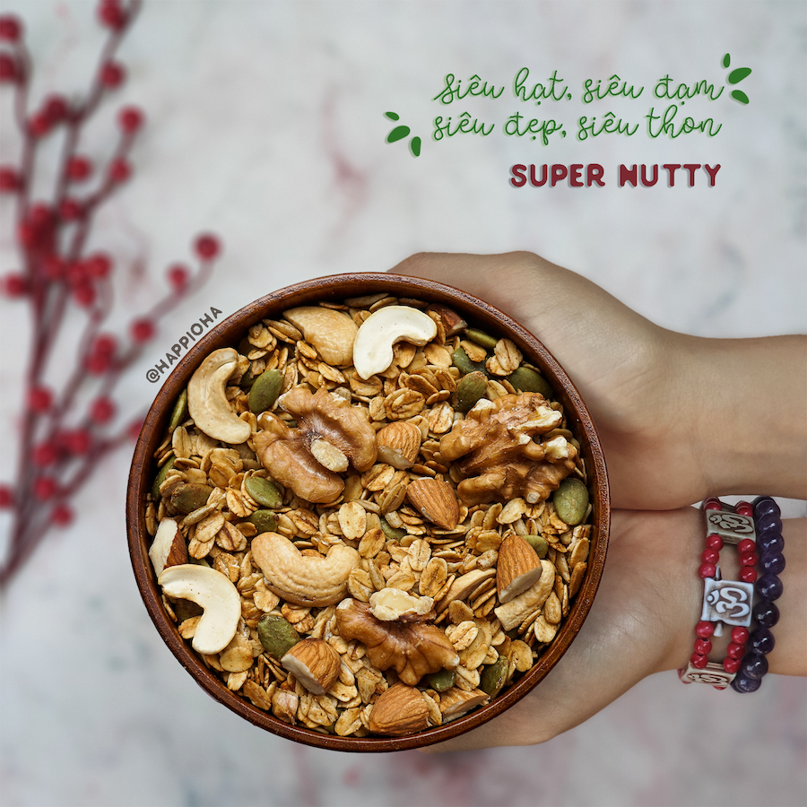 Ngũ Cốc Yến Mạch Nguyên Hạt Siêu Đạm 400G Không Đường Tinh Luyện - SUPER NUTTY GRANOLA HAPPI OHA hương quế - Ăn Kiêng/Ăn Sáng