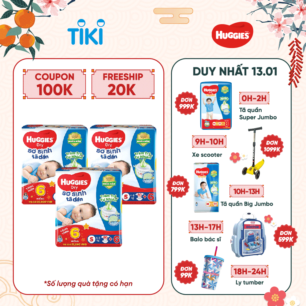 Combo 3 Tã dán sơ sinh Huggies mới (4kg-8kg) - Gói 80 miếng Tràm Trà + Tặng 6 miếng