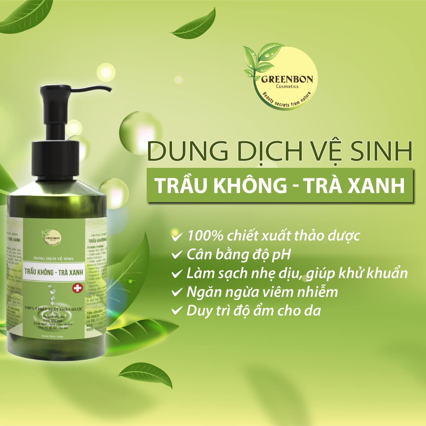 Dung dịch vệ sinh nữ tinh chất trầu không trà xanh GREENBON 150ml,làm sạch dịu nhẹ, cân bằng pH