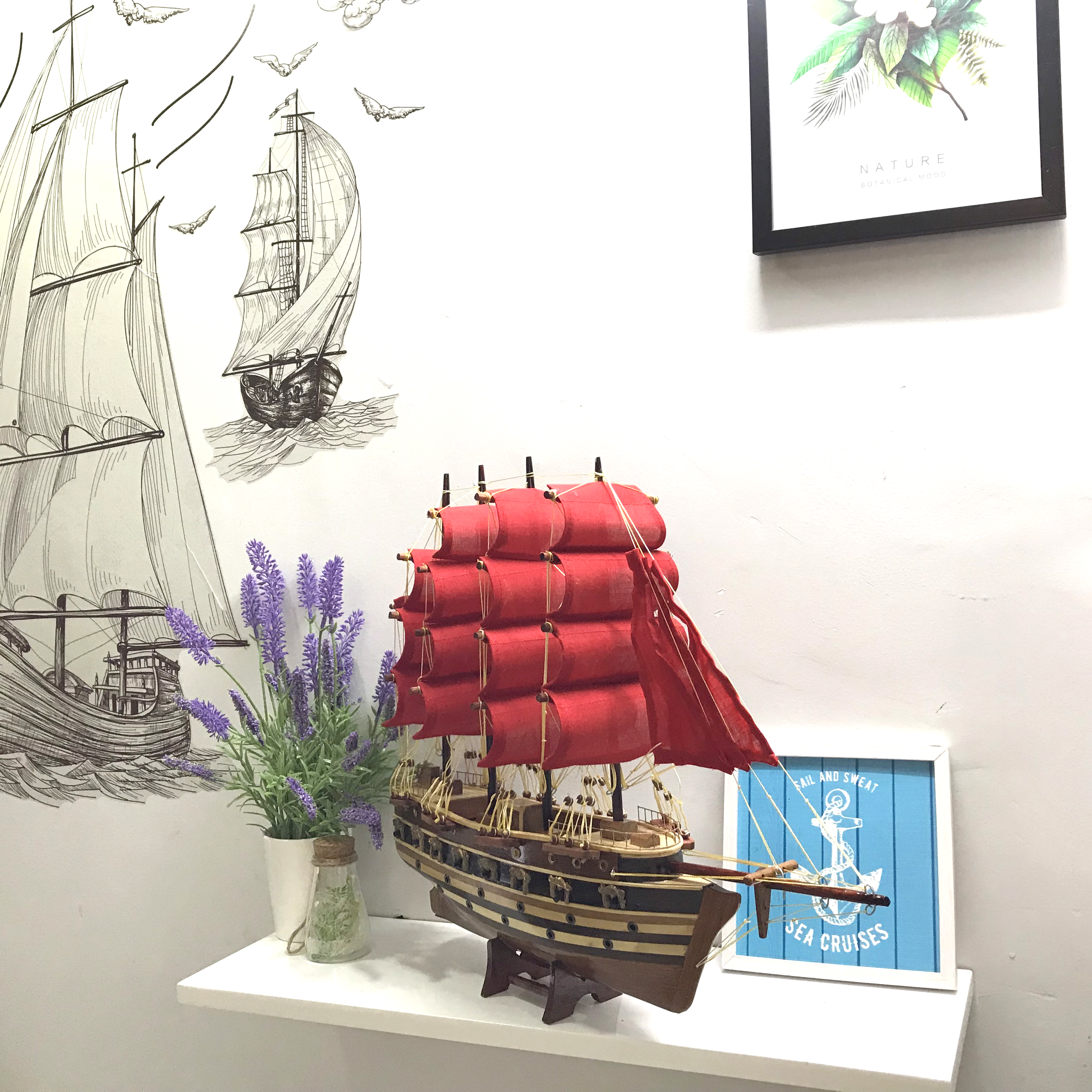 Mô hình thuyền gỗ trang trí Jylland - thân 40cm - buồm đỏ
