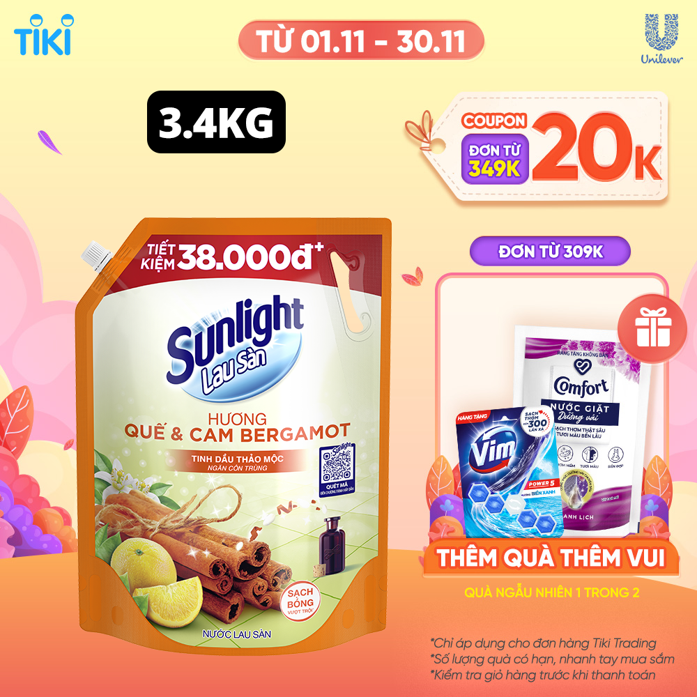 Nước lau sàn Sunlight Tinh dầu thảo mộc Ngăn côn trùng Hương Quế &amp; Cam Bergamot túi 3.4kg