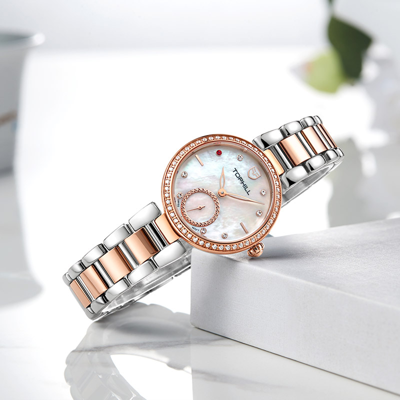Đồng hồ nữ mặt xà cừ đính đá chính hãng Thụy Sĩ TOPHILL TE052L.S7287