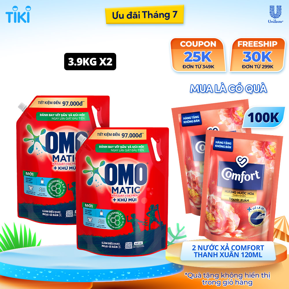 Combo 2 túi nước giặt OMO Matic cho máy giặt cửa trên giúp quần áo sạch bẩn khử mùi toàn diện, túi 3.9kg + 2 Nước Xả Comfort 120ml Ngẫu Nhiên