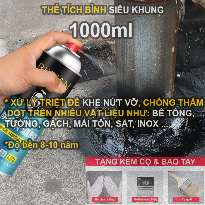 1000ml - Bình xịt sơn chống thấm trần nhà Bixuan dung tích lớn, sơn chống thấm chống dột tường công nghệ Thụy Sĩ