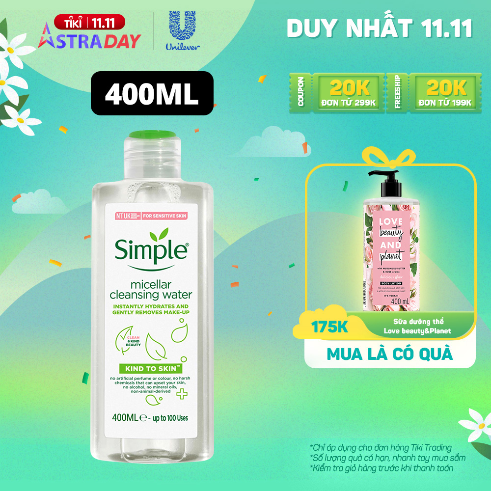 Combo 2 Nước tẩy trang Simple Micellar làm sạch 99% trang điểm, cho da thoáng mịn tức thì 400ml và 200ml [CHAI LỚN TIẾT KIỆM 111K]