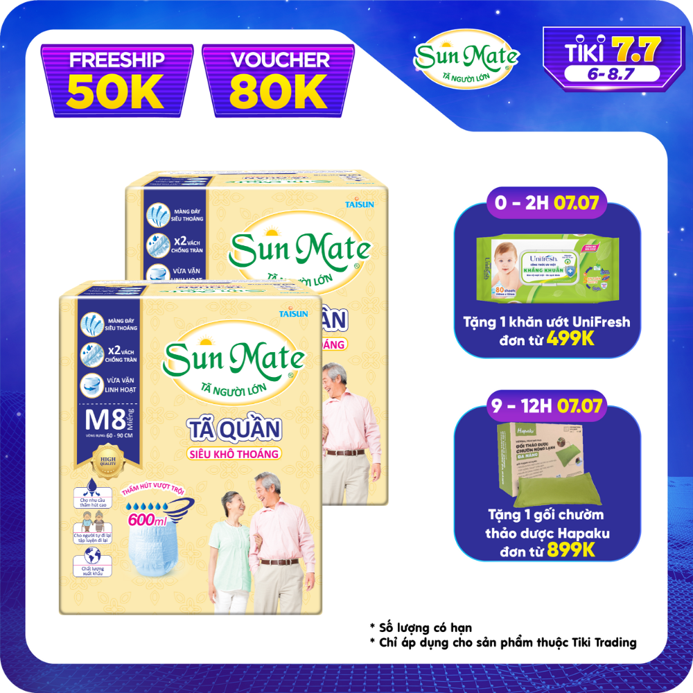 Combo 2 Gói Tã Quần Người Lớn Sunmate Khô Thoáng M8 (8 Miếng/ Gói)