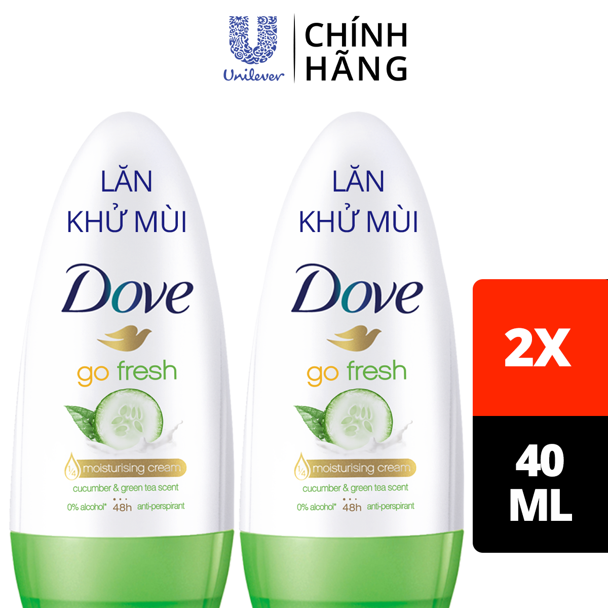 Combo 2 Lăn khử mùi Dove Go Fresh Hương dưa leo &amp; trà xanh Dưỡng da Sáng mịn dành cho nữ, 40ml