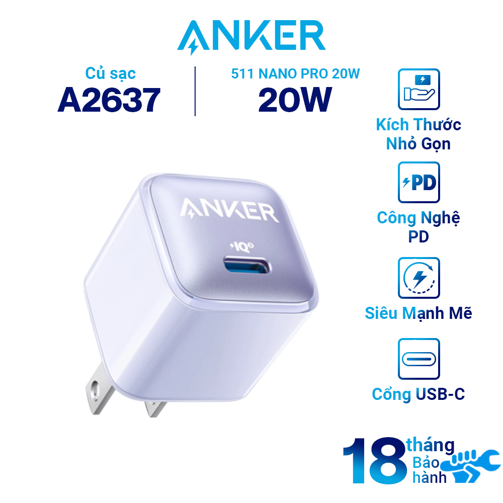 Adapter Sạc ANKER 511 Nano Pro 20W Type-C Sạc Nhanh Tích Hợp PIQ 3.0 A2637 Tương Thích iPhone 13 series và iPhone 12 series, Galaxy, Pixel 4/3, iPad / iPad mini - Hàng Chính Hãng