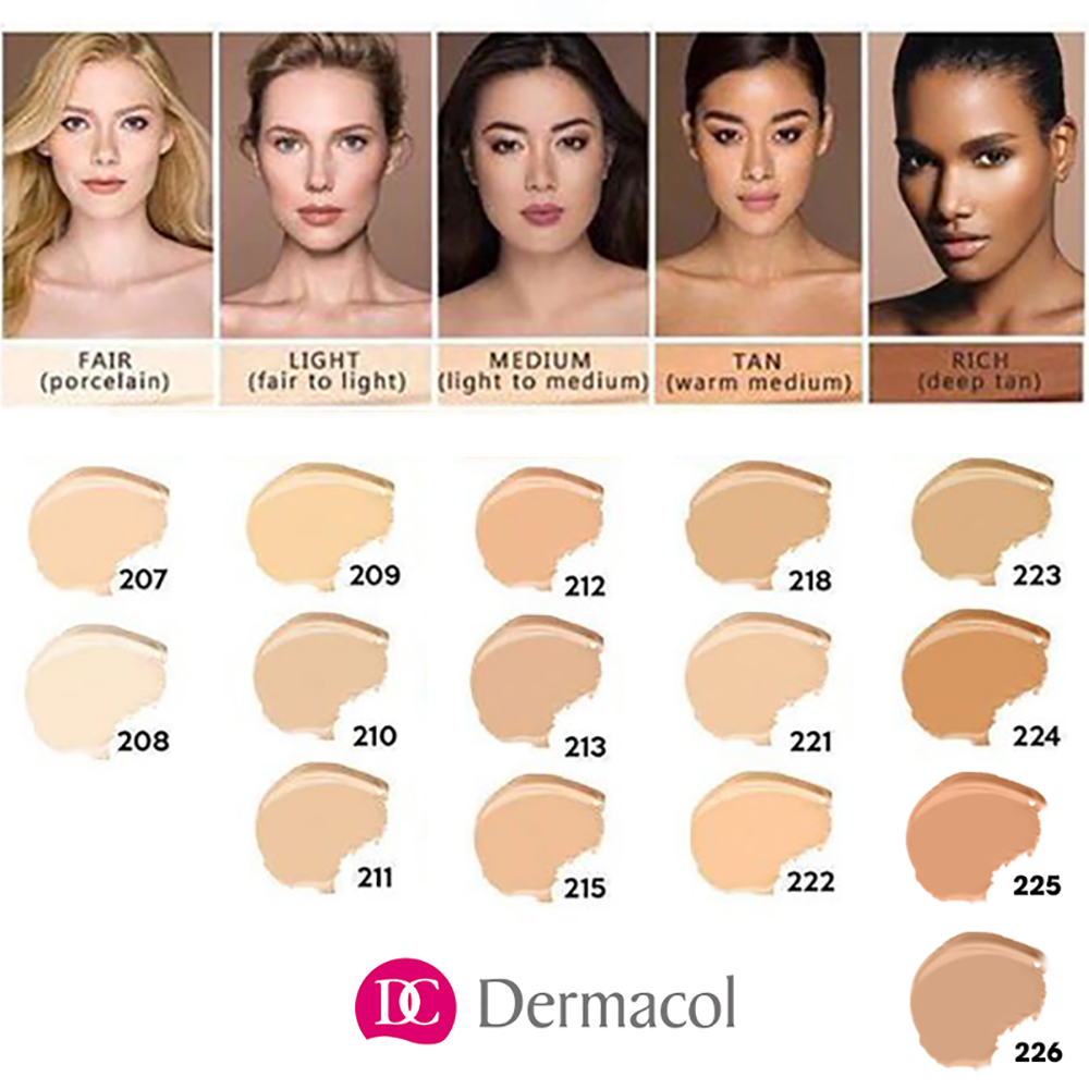 Kem nền DERMACOL MAKE-UP COVER che KHUYẾT ĐIỂM, che HÌNH XĂM, MỤN, NÁM, TÀN NHANG...,chất kem đặc độ che phủ cao, không gây kích ứng da, 15 tone màu, Hàng nhập khẩu chính hãng CH Séc