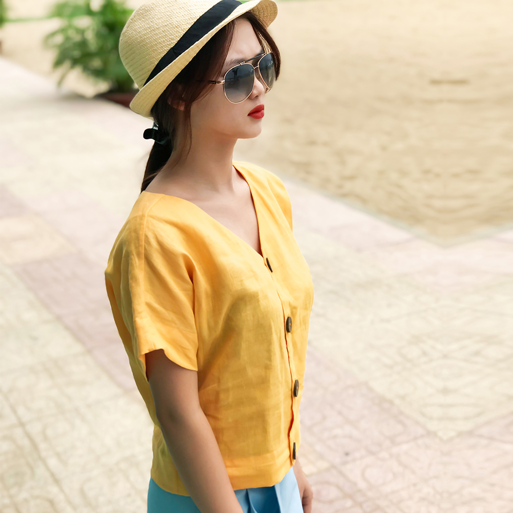 Áo Croptop Linen Áo Kiểu Đẹp Thời trang thiết kế Hity TOP134 (Vàng Mù Tạt)