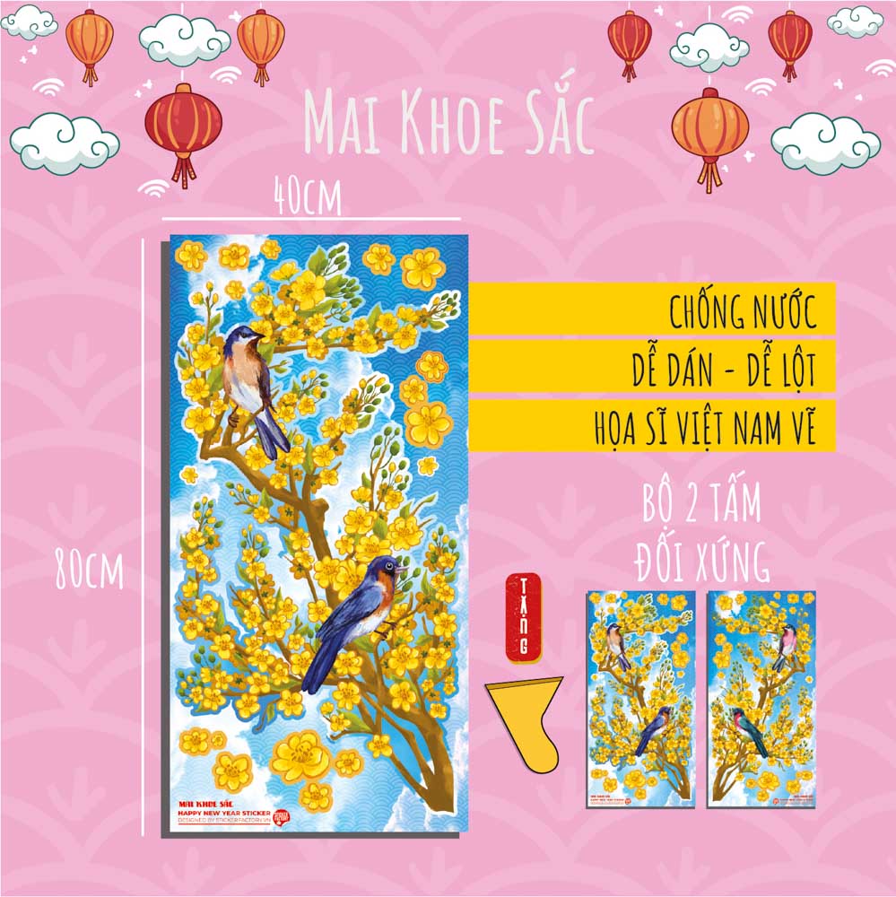 Mai Khoe Sắc - Bộ 2 tấm 40x80cm decal trang trí tết