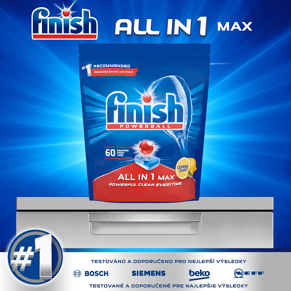 Túi 60 viên rửa chén Finish All In 1 Max Dishwasher Tablets Lemon Sparkle QT04585 - hương chanh