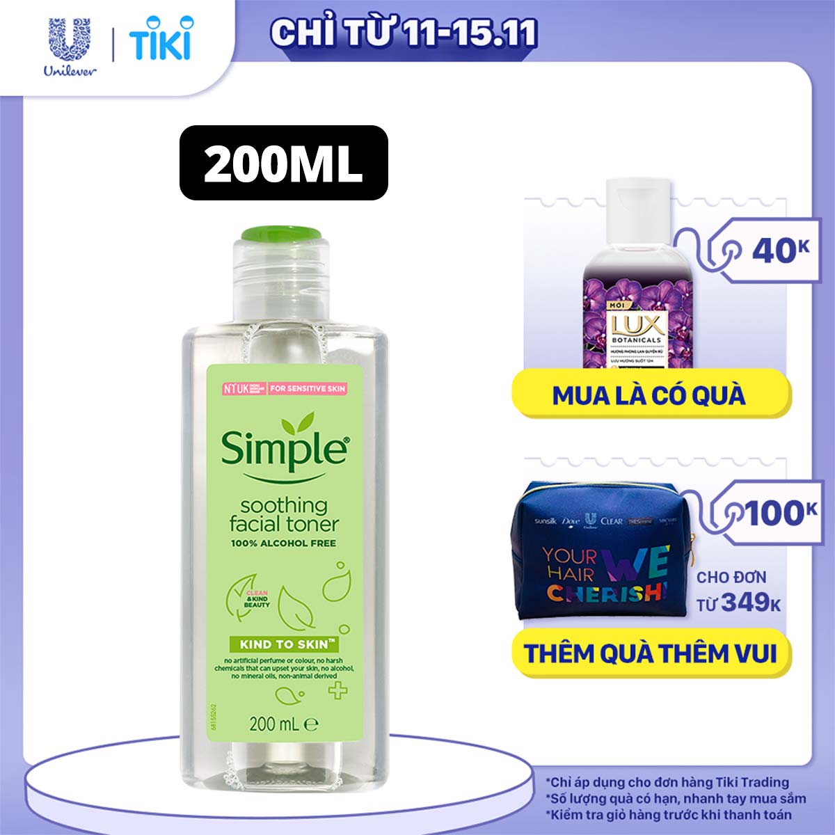 Nước hoa hồng Simple Toner làm dịu và cân bằng độ ẩm cho da - lành tính không chứa cồn 200ml [Chính hãng độc quyền]