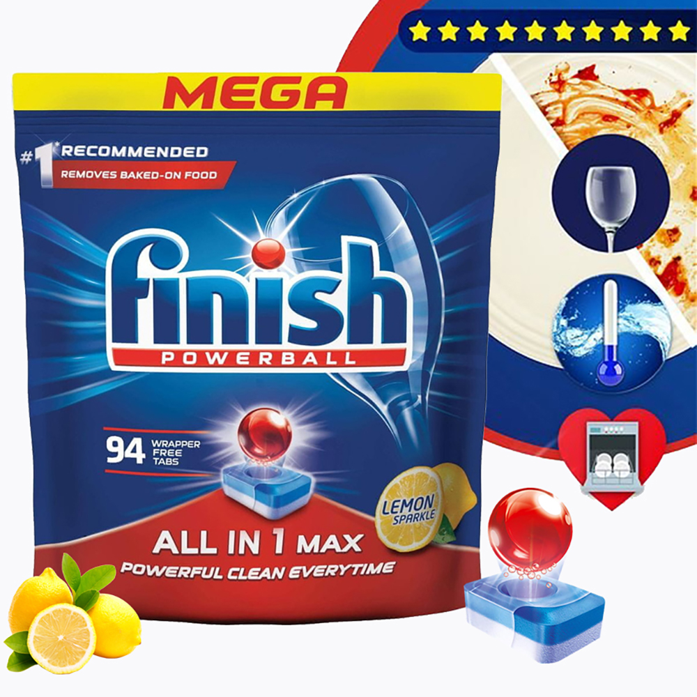 Túi 94 viên rửa chén Finish All In 1 Max Dishwasher Tablets Lemon QT09441 - hương chanh