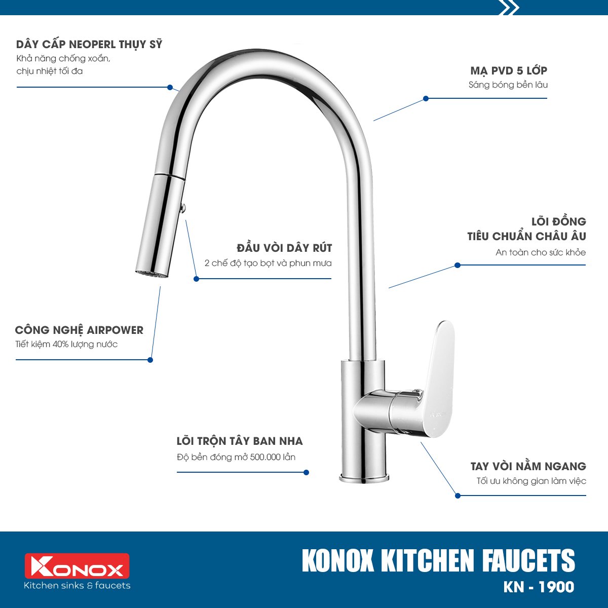 Vòi rửa bát rút dây Konox, Model KN1900, Inox 304AISI tiêu chuẩn châu Âu, mạ PVD 5 lớp sáng bóng, Hàng chính hãng