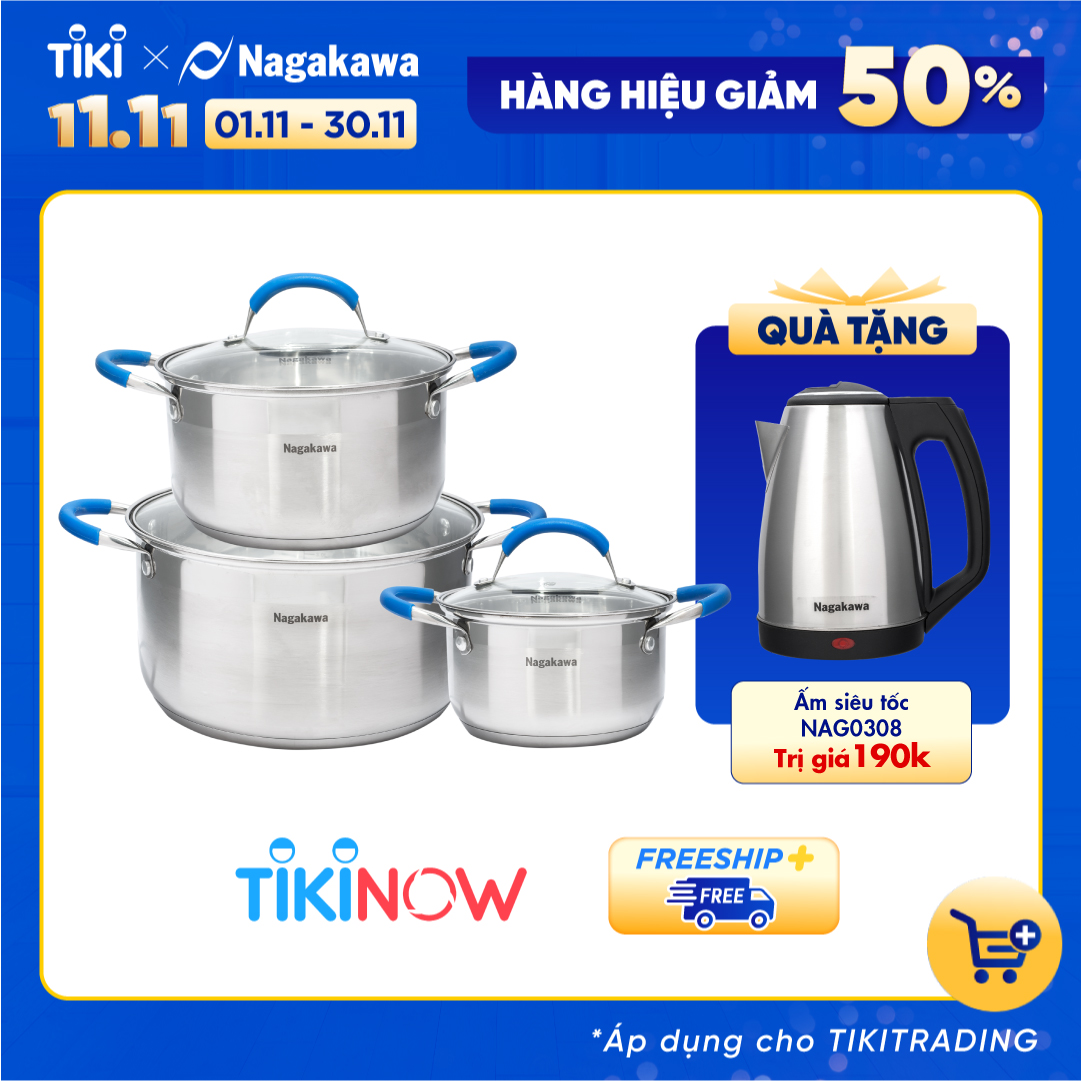 Bộ 3 Nồi Inox Cao Cấp 5 Đáy Quai Silicon Chống Bỏng Nagakawa NAG1302 (size 16cm, 20cm, 24cm) Dùng Cho Mọi Loại Bếp - Hàng Chính Hãng