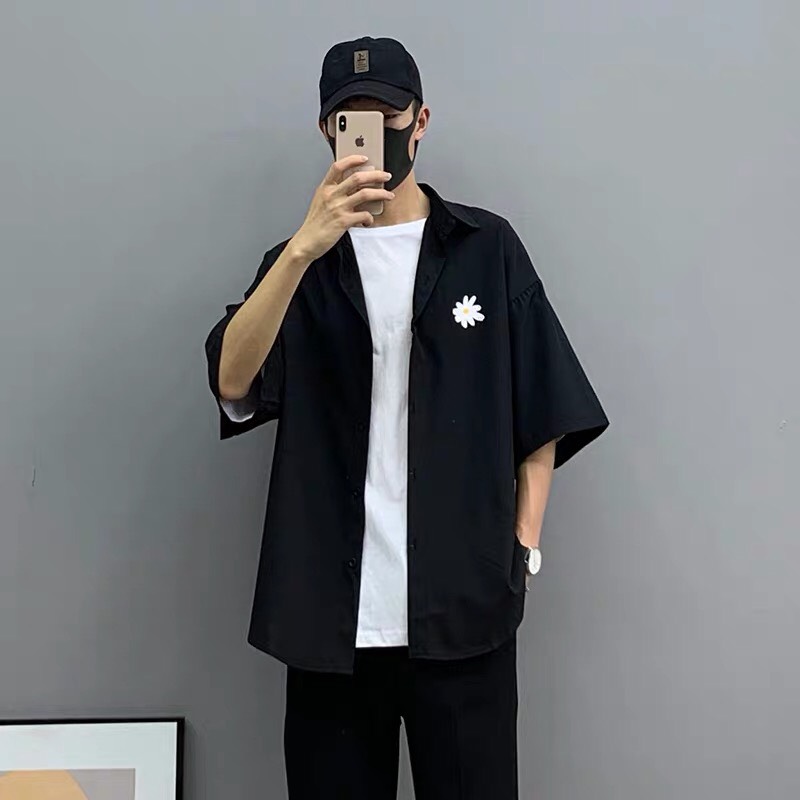 Áo sơmi tay lỡ kaki unisex Wind Quốc Dân hoa cúc, áo sơmi tay lỡ Ulzzang Wind